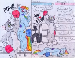 Size: 993x764 | Tagged: safe, artist:jose-ramiro, derpibooru import, rainbow dash, tom, anthro, pegasus, boxing, boxing gloves, bruised, comic, crossover, female, looney tunes, male, mare, on back, sylvester, sylvester the cat, tom and jerry, traditional art