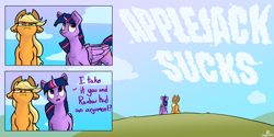 Size: 1280x640 | Tagged: safe, artist:greyscaleart, derpibooru import, applejack, twilight sparkle, twilight sparkle (alicorn), alicorn, earth pony, pony, comic, dialogue, duo, floppy ears, skywriting, unamused