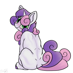 Size: 1280x1280 | Tagged: safe, artist:greyscaleart, derpibooru import, sweetie belle, pony, unicorn, blushing, female, looking back, mare, simple background, sitting, smiling, solo, transparent background