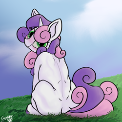 Size: 1280x1280 | Tagged: safe, artist:greyscaleart, derpibooru import, sweetie belle, pony, unicorn, blushing, female, looking at you, looking back, looking back at you, mare, older, older sweetie belle, sitting, smiling, solo