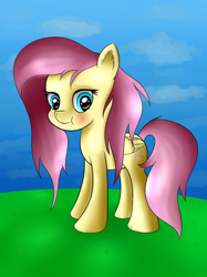 Size: 812x1086 | Tagged: safe, artist:brok-enwings, derpibooru import, fluttershy, pegasus, pony, blushing, female, folded wings, grass, looking at you, mare, solo, standing