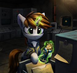 Size: 1319x1267 | Tagged: safe, artist:inowiseei, derpibooru import, oc, oc only, oc:littlepip, pony, unicorn, fallout equestria, :<, art trade, crossover, fallout, fallout 3, female, glowing horn, judging, magic, mare, pipbuck, russian, solo, translated in the comments, vault boy, vault suit, vault-tec