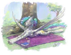 Size: 3300x2550 | Tagged: safe, artist:silfoe, derpibooru import, princess celestia, alicorn, pony, alternate hairstyle, book, cute, cutelestia, dappled sunlight, eyes closed, female, floppy ears, lying down, mare, prone, royal sketchbook, smiling, solo, sploot, spread wings, stretching, tree, underhoof, unshorn fetlocks, wings