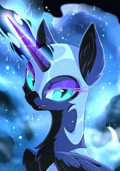 Size: 701x1001 | Tagged: safe, artist:hioshiru, derpibooru import, nightmare moon, alicorn, pony, armor, electricity, female, lightning, looking at you, mare, slit eyes, solo
