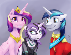 Size: 6600x5100 | Tagged: safe, artist:silfoe, derpibooru import, princess cadance, princess flurry heart, shining armor, alicorn, pony, unicorn, absurd resolution, black lipstick, choker, clothes, commission, dyed mane, ear piercing, eyebrow piercing, family, family photo, female, filly, fishnet stockings, floppy ears, forced smile, goth, grin, it's a phase, jewelry, lipstick, male, mare, necklace, older, piercing, princess emo heart, shiningcadance, shipping, smiling, stallion, straight, teenage flurry heart, teenager