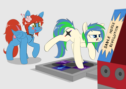 Size: 3507x2480 | Tagged: safe, artist:underpable, derpibooru import, oc, oc only, oc:ravebounce, oc:sureibu, earth pony, pegasus, pony, choker, commission, cute, dance dance revolution, dancing, female, flower, flower in hair, gray background, mare, ocbetes, raised hoof, raised leg, rhythm game, simple background, smiling, tongue out, video game