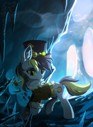 Size: 936x1280 | Tagged: safe, artist:hioshiru, derpibooru import, oc, oc only, earth pony, pony, clothes, costume, ear fluff, female, gear, hat, ice, jacket, leg fluff, looking at you, mare, steampunk, ych result