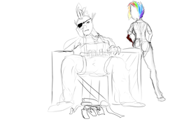 Size: 3035x2150 | Tagged: safe, artist:steadfast hoof, derpibooru import, rainbow dash, spike, anthro, dragon, alternate timeline, amputee, apocalypse dash, crystal war timeline, doodle, metal gear solid 5, prosthetic limb, prosthetics