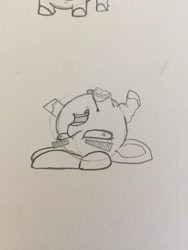 Size: 2448x3264 | Tagged: safe, artist:greyscaleart, derpibooru import, apple bloom, pony, crab pony, eyebrows, faic, meme, monochrome, on back, open mouth, solo, traditional art