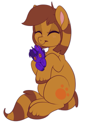 Size: 553x808 | Tagged: safe, artist:lulubell, derpibooru import, oc, oc only, oc:crystalline wind, oc:kazzy, earth pony, pony, blushing, crystazzy, cuddling, female, mare, plushie, solo