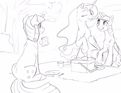 Size: 3300x2550 | Tagged: safe, artist:silfoe, derpibooru import, princess luna, twilight sparkle, twilight sparkle (alicorn), twilight velvet, alicorn, pony, unicorn, basket, cup, eyes closed, female, grayscale, lesbian, mare, monochrome, mother and child, mother and daughter, parent and child, picnic, royal sketchbook, shipping, sketch, smiling, tongue out, tree, trio, twiluna