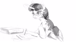 Size: 2538x1399 | Tagged: safe, artist:silfoe, derpibooru import, oc, oc only, oc:twilight dapple, alicorn, pony, book, crossed hooves, female, glasses, glowing horn, grayscale, horn, levitation, lidded eyes, magic, magical lesbian spawn, mare, monochrome, offspring, older, other royal book, parent:princess luna, parent:twilight sparkle, parents:twiluna, pen, simple background, sitting, smiling, solo, telekinesis, white background, wing fluff, writing