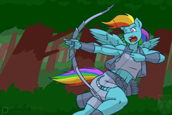 Size: 1200x804 | Tagged: safe, alternate version, artist:ethanqix, derpibooru import, rainbow dash, anthro, pegasus, archer dash, armpits, arrow, bow (weapon), bow and arrow, clothes, female, forest, mare, midriff, muscles, open mouth, patreon, patreon logo, patreon reward, quiver, shorts, solo, tanktop, tree, vest, weapon