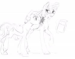 Size: 2538x2000 | Tagged: safe, artist:silfoe, derpibooru import, oc, oc only, oc:eventide glisten, oc:twilight dapple, alicorn, pony, black and white, book, grayscale, magic, magical lesbian spawn, monochrome, offspring, older, other royal book, parent:princess luna, parent:twilight sparkle, parents:twiluna, simple background, telekinesis, white background