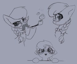 Size: 1077x895 | Tagged: safe, artist:inowiseei, derpibooru import, silver spoon, pony, bubble pipe, bust, chest fluff, cute, fake moustache, glasses, monochrome, portrait, silly, silly pony, silly spoon, silverbetes, sketch, solo