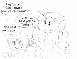 Size: 3300x2550 | Tagged: safe, artist:silfoe, derpibooru import, princess luna, spike, alicorn, dragon, pony, ask, blatant lies, dialogue, female, grayscale, male, mare, monochrome, royal sketchbook, sketch, tumblr