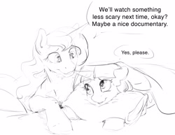 Size: 3300x2550 | Tagged: safe, artist:silfoe, derpibooru import, princess luna, twilight sparkle, twilight sparkle (alicorn), alicorn, pony, bed, cute, dialogue, female, grayscale, lesbian, mare, monochrome, royal sketchbook, shipping, sketch, twiluna