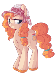 Size: 679x900 | Tagged: safe, artist:lulubell, derpibooru import, pear butter, earth pony, pony, the perfect pear, chest fluff, female, freckles, hat, lidded eyes, shading, simple background, smiling, solo, transparent background