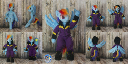 Size: 1999x1000 | Tagged: safe, artist:essorille, derpibooru import, rainbow dash, anthro, unguligrade anthro, anthro plushie, clothes, costume, irl, photo, plushie, shadowbolt dash, shadowbolts costume, solo, volleyball