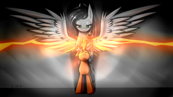 Size: 3840x2160 | Tagged: safe, artist:phenya, derpibooru import, oc, oc only, oc:energy burst, oc:ombra, pegasus, pony, unicorn, appearance, bright, dark, dark background, eyes closed, gray, green eyes, light, lighting, orange light, orange lighting, shadow, spread wings, wings