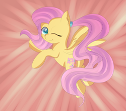 Size: 3325x2954 | Tagged: safe, artist:brok-enwings, derpibooru import, fluttershy, pegasus, pony, alternate hairstyle, cute, female, looking at you, mare, one eye closed, ponytail, shyabetes, smiling, solo, spread wings, wings, wink