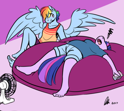 Size: 500x445 | Tagged: safe, artist:rwl, derpibooru import, rainbow dash, twilight sparkle, anthro, pegasus, plantigrade anthro, barefoot, clothes, feet, female, hot, lesbian, mare, on back, shipping, shirt, shorts, summer, t-shirt, tanktop, twidash