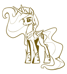 Size: 1336x1471 | Tagged: safe, artist:nadnerbd, derpibooru import, princess celestia, alicorn, pony, crown, female, jewelry, mare, monochrome, regalia, simple background, smiling, solo, white background