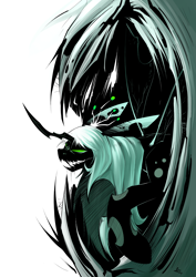 Size: 2480x3507 | Tagged: safe, artist:underpable, derpibooru import, queen chrysalis, changeling, changeling queen, drool, fangs, female, intimidating, simple background, solo