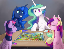 Size: 3300x2550 | Tagged: safe, artist:silfoe, derpibooru import, princess cadance, princess celestia, princess luna, twilight sparkle, twilight sparkle (alicorn), alicorn, pony, alicorn tetrarchy, annoyed, board game, female, grin, mare, popcorn, smiling, ticket to ride