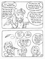 Size: 849x1100 | Tagged: safe, artist:circe, derpibooru import, applejack, fluttershy, rainbow dash, twilight sparkle, anthro, comic:soreloser, belly button, black and white, comic, grayscale, midriff, monochrome, traditional art