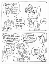 Size: 849x1100 | Tagged: safe, artist:circe, derpibooru import, fluttershy, pinkie pie, rainbow dash, twilight sparkle, twilight sparkle (alicorn), alicorn, anthro, comic:soreloser, belly button, black and white, butt touch, comic, grayscale, hand on butt, midriff, monochrome, traditional art