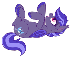 Size: 750x589 | Tagged: safe, artist:lulubell, derpibooru import, oc, oc only, oc:night watch, bat pony, pony, fangs, female, mare, on back, simple background, smiling, solo, transparent background
