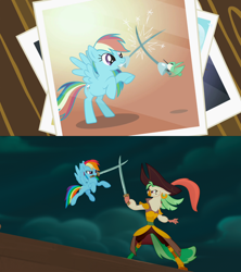 Size: 1280x1440 | Tagged: safe, derpibooru import, screencap, captain celaeno, hummingway, rainbow dash, anthro, hummingbird, pony, may the best pet win, my little pony: the movie, anthro with ponies, bandana, comparison, fencing, mouth hold, photo, pirate rainbow dash, sword, weapon