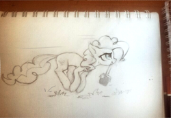 Size: 1186x821 | Tagged: safe, artist:inowiseei, derpibooru import, pinkie pie, earth pony, pony, basket, monochrome, mouth hold, pronking, sketch, solo, traditional art