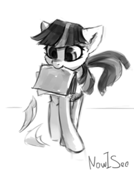 Size: 676x870 | Tagged: safe, artist:inowiseei, derpibooru import, twilight sparkle, earth pony, pony, cute, grayscale, monochrome, mouth hold, nom, paper, race swap, sketch, smiling, solo