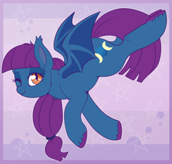 Size: 750x716 | Tagged: safe, artist:lulubell, derpibooru import, oc, oc only, oc:blue moon, bat pony, pony, abstract background, female, mare, one eye closed, simple background, slit eyes, solo, unshorn fetlocks, wink