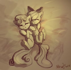 Size: 906x888 | Tagged: safe, artist:inowiseei, derpibooru import, apple bloom, sweetie belle, earth pony, pony, unicorn, cute, diasweetes, duo, eyes closed, female, filly, monochrome, on back
