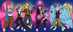 Size: 1700x745 | Tagged: safe, artist:kaemantis, derpibooru import, applejack, fluttershy, pinkie pie, rainbow dash, rarity, spike, twilight sparkle, anthro, dragon, earth pony, pegasus, unguligrade anthro, armpits, axe, candy, clothes, female, food, hiding, laughter song, lollipop, looking at you, magic, mane seven, mane six, mare, muscles, pants, rope, smiling, tattoo, weapon