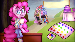 Size: 1920x1080 | Tagged: safe, artist:pastelopal, derpibooru import, fluttershy, pinkie pie, rainbow dash, anthro, banner, belly button, boots, cake, clothes, cute, diapinkes, female, flutterdash, food, implied flutterdash, implied lesbian, implied shipping, lesbian, looking at you, midriff, punch (drink), punch bowl, shipping, shirt, shoes, shorts, skirt, sneakers, socks, suspenders, table, tree, twister