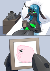 Size: 1600x2263 | Tagged: safe, artist:underpable, derpibooru import, edit, queen chrysalis, oc, oc:fluffle puff, changeling, changeling queen, pony, bed, blushing, camera, canon x oc, chrysipuff, exploitable meme, fangs, female, floppy ears, former queen chrysalis, lesbian, long ears, mare, meme, photo, queen chrysalis's photo, shipping, smiling