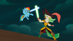 Size: 1280x720 | Tagged: safe, derpibooru import, edit, edited screencap, editor:mega-poneo, screencap, captain celaeno, rainbow dash, anthro, pony, my little pony: the movie, anthro with ponies, fight, jedi, lightsaber, pirate rainbow dash, sparring, star wars, training, weapon