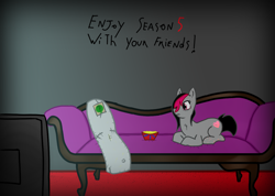 Size: 1280x912 | Tagged: safe, artist:lazerblues, derpibooru import, oc, oc only, oc:anon, oc:miss eri, earth pony, pony, anonymous, emo, female, mare, popcorn, sofa, television