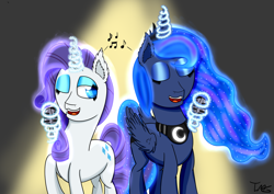 Size: 1280x905 | Tagged: safe, artist:tlmoonguardian, derpibooru import, princess luna, rarity, alicorn, pony, unicorn, blue eyeshadow, eyeshadow, kazumi evans, magic, makeup, microphone, singing, spotlight, voice actor joke