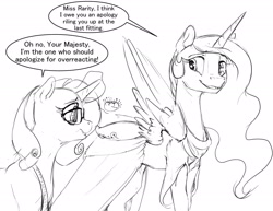 Size: 2640x2040 | Tagged: safe, artist:silfoe, derpibooru import, part of a series, part of a set, princess celestia, rarity, alicorn, pony, unicorn, clothes, dialogue, dress, grayscale, monochrome, royal sketchbook