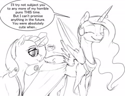 Size: 2640x2040 | Tagged: safe, artist:silfoe, derpibooru import, part of a series, part of a set, princess celestia, rarity, alicorn, pony, unicorn, clothes, dialogue, dress, grayscale, monochrome, royal sketchbook