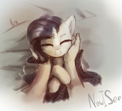 Size: 898x815 | Tagged: safe, artist:inowiseei, derpibooru import, rarity, human, pony, unicorn, cute, eyes closed, female, mare, offscreen character, petting, pov, raribetes