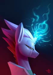 Size: 2480x3507 | Tagged: safe, artist:underpable, derpibooru import, tempest shadow, pony, unicorn, my little pony: the movie, armor, broken horn, bust, female, lightning, magic, mare, narrowed eyes, portrait, solo, sparking horn