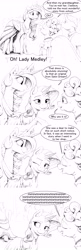 Size: 2640x8160 | Tagged: safe, artist:silfoe, derpibooru import, princess celestia, rarity, oc, oc:lady medley, alicorn, earth pony, pony, unicorn, comic, female, grayscale, lesbian, mare, monochrome, rarilestia, royal sketchbook, shipping