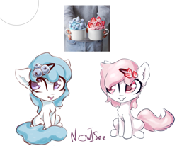 Size: 997x862 | Tagged: safe, artist:inowiseei, derpibooru import, oc, oc only, earth pony, pony, blueberry, chest fluff, chibi, cute, duo, female, floppy ears, food, ice cream, mare, ocbetes, ponified, simple background, sitting, smiling, strawberry, tongue out, white background