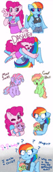 Size: 2400x7664 | Tagged: safe, artist:synnibear03, derpibooru import, pinkie pie, rainbow dash, oc, oc:goofball, oc:mint swirl, oc:ponytale pinkie, oc:ponytale rainbow, anthro, earth pony, pegasus, pony, comic:ponytale, anthro with ponies, baby, baby pony, belly button, clothes, confusion, equestria girls outfit, female, female symbol, filly, high res, hoof hands, hug, lesbian, magical lesbian spawn, math, midriff, offspring, one eye closed, pacifier, parent:pinkie pie, parent:rainbow dash, parents:pinkiedash, pinkiedash, question mark, shipping, skirt, thinking, tongue out, wide eyes, wink